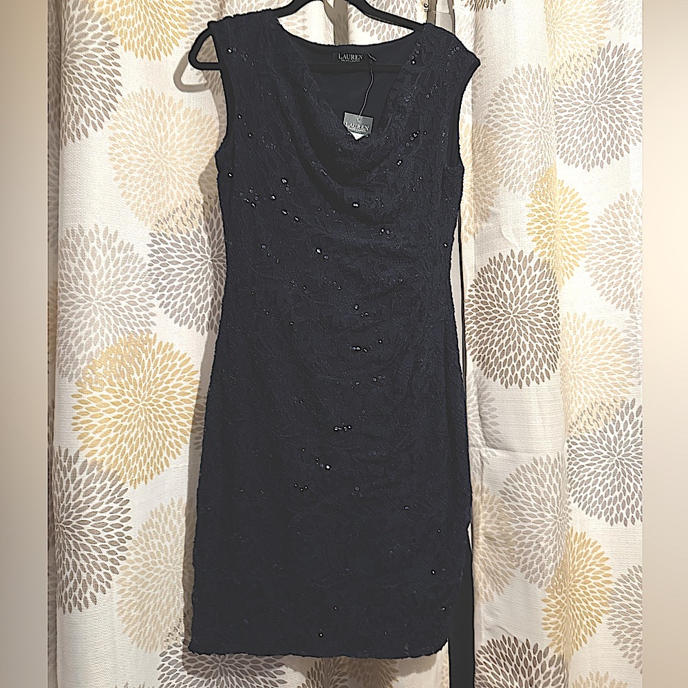 NWT LAUREN RALPH LAUREN DRESS - SEQUIN LACE COWLNECK IN LIGHTHOUSE NAVY